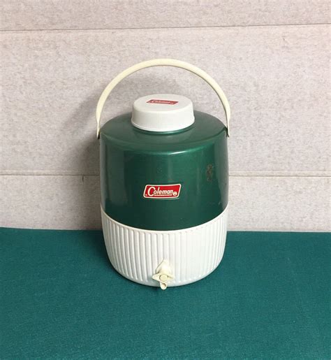 Vintage Coleman 2 Gallon Metal Portable Water Cooler Jug, Green and White