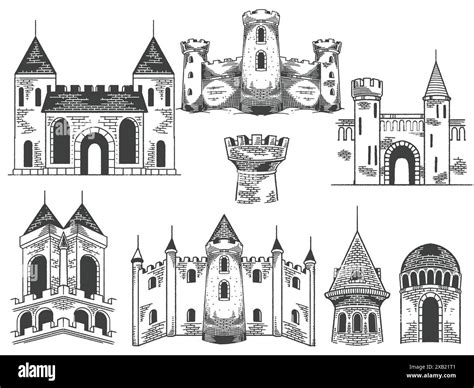 Hand drawn medieval castles drawing ancient building set in engraving ...