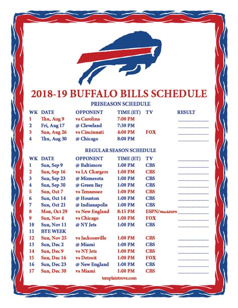 Printable 2018-2019 Buffalo Bills Schedule