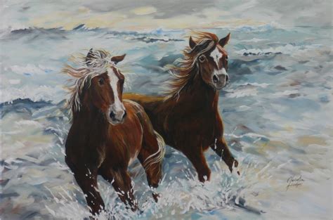 Painting of horses running on the beach splashing in the surf