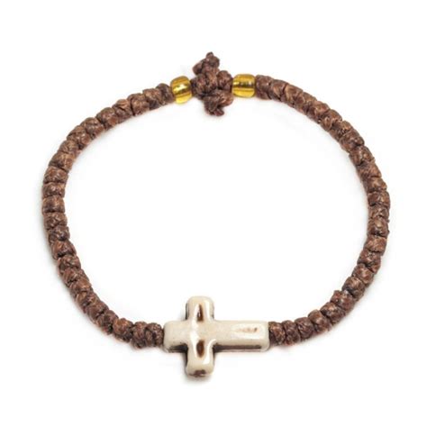 Prayer Rope Bracelet ~ Komboskini ~ Chotki - Brown Cord & Cream Cross