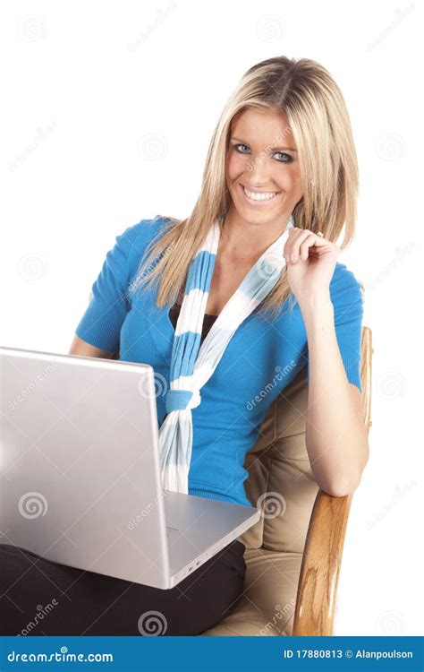 Woman Laptop Smiling in Blue Stock Image - Image of girl, caucasian: 17880813