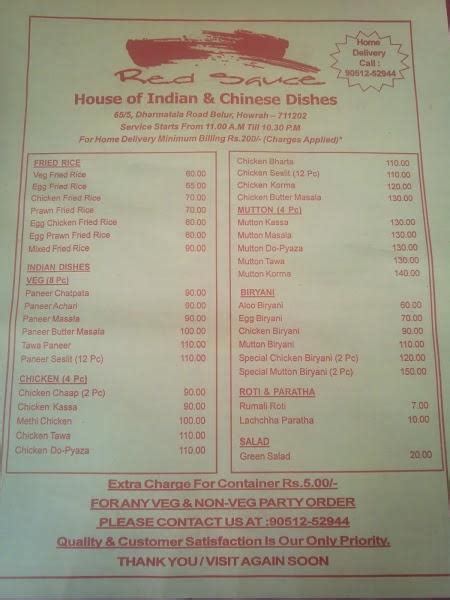 Menu at Red Sauce, Howrah