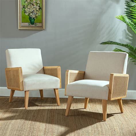 Delphine Upholstered Rattan Cane Accent Chair Set of 2 in Linen ...