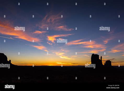 Silhouette of Monument Valley sunrise, Arizona, America, USA Stock ...