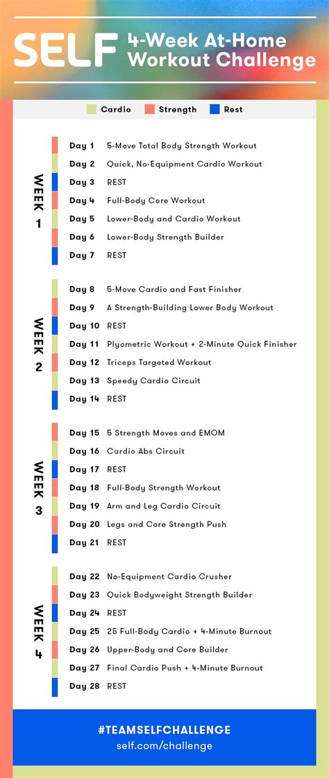 SELF 4-Week At-Home Workout Challenge Workout Calendar | SELF