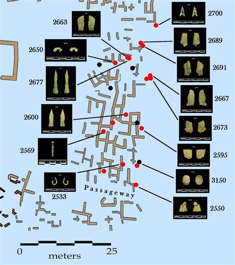 Locations of significant artifacts found along east wall of central ...