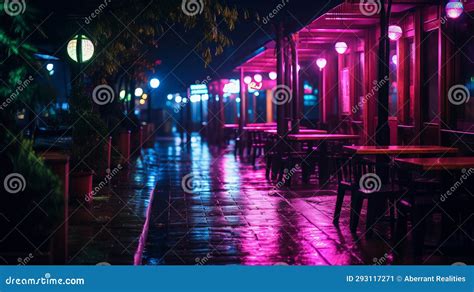 Rainy Night Scene with Tables and Chairs on the Sidewalk at Night Stock ...