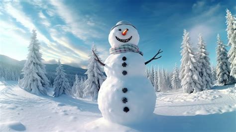 Premium AI Image | A snowman in a snowy landscape with a blue sky and clouds