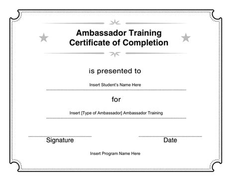 Ambassador Training Certificate of Completion in Word and Pdf formats