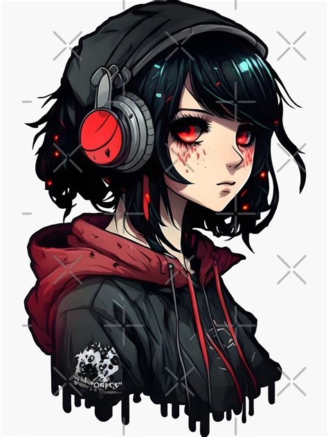 "Anime Girl in Hoodie and Headphones - Red / Black Aesthetic" Sticker for Sale by Nymmzi | Redbubble