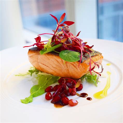 Salmon, Pomegranate Gastrique & Wasabi Pea Purée — GVW Food Inspirations