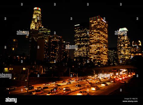 Downtown Los Angeles at night time light up. California Stock Photo - Alamy