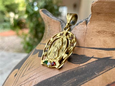 Vintage Virgin of Guadalupe Pendant 18K Gold Poss. Plated, Red White Green Gemstones Mexican ...
