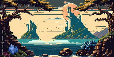 Isolated island kingdom game background in pixel art, generative ai ...