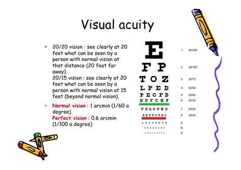 Visual acuity• 20/20 vision : see clearly at 20 feet what can be seen ...