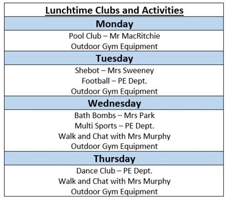 Lunchtime Clubs and Activities | Firpark Secondary School