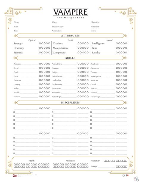 Vampire the Masquerade Character Sheet - 5th Edition, White Download ...