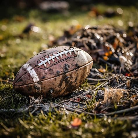 Premium Photo | An american football covered in mud and grass stains lying on the field postgame ...