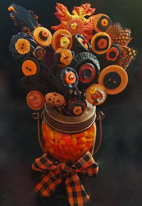 Vintage Button Floral Arrangement for Halloween. Button flowers in an orange mason jar ...