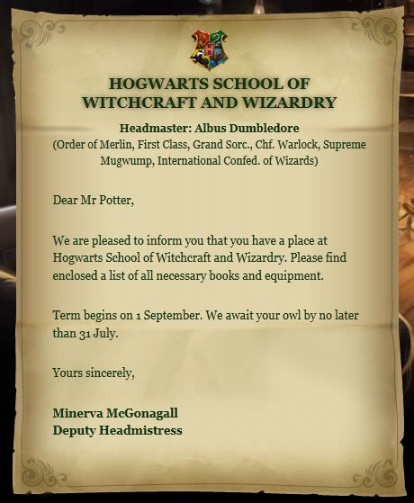 Hogwarts acceptance letter - Harry Potter Wiki