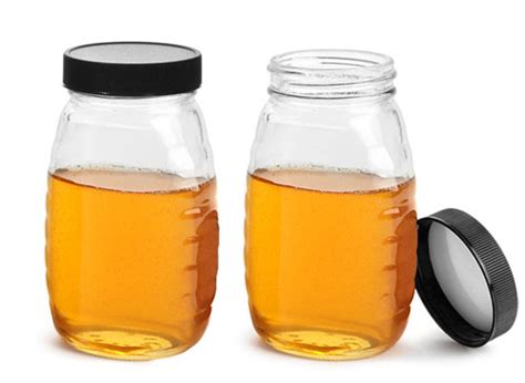 SKS Bottle & Packaging - Glass Jars, Clear Glass Honey Jars w/ Ribbed Black Lined Caps