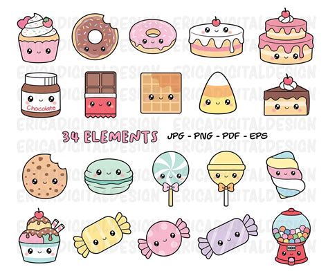 Kawaii dulces clipart Lindo dulce caramelo clipart Comida Pastel Donut Cupcake Gumball máquina ...