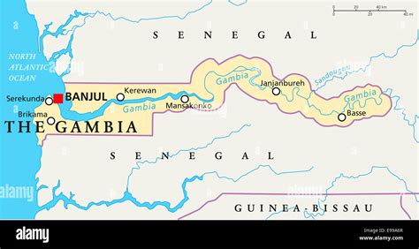 The Gambia Political Map with capital Banjul, national borders, important cities and rivers ...