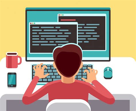 Premium Vector | Young man programmer working on computer with code on screen. student ...