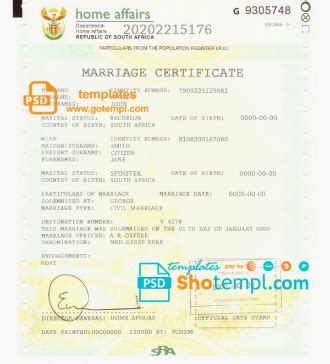 South Africa marriage certificate template in PSD format, fully editable