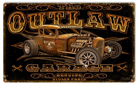 Outlaw Hot Rod Garage Art Metal Sign By Steve McDonald 18x30 - Reproduction Vintage Signs