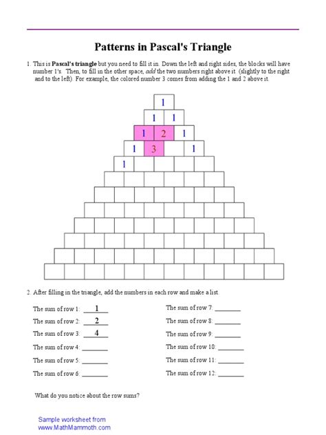 Patterns in Pascal's Triangle: Sample Worksheet From | PDF