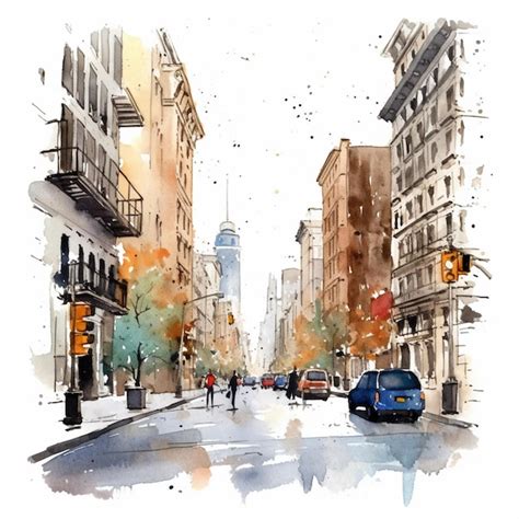 Premium Photo | A watercolor painting of a street scene with a building ...