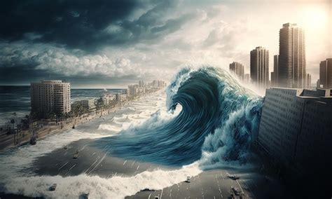 Premium AI Image | Huge tsunami destroying a city with a big wave ...