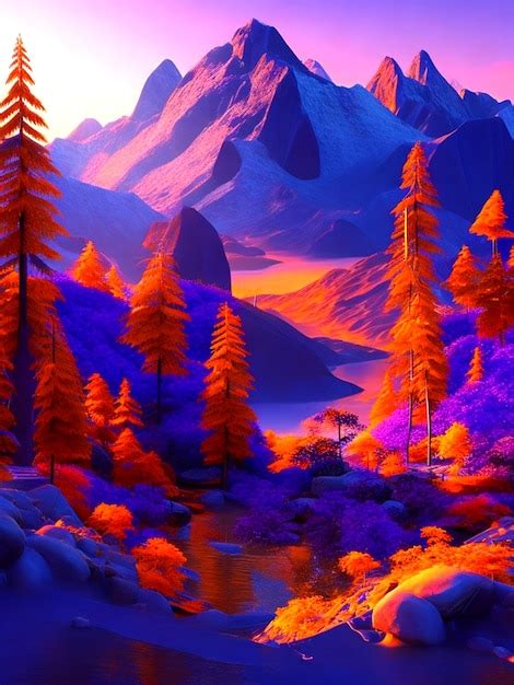 Premium AI Image | MOUNTAIN AND FOREST VIEW WITH A GOLDEN PURPLE SUNSET