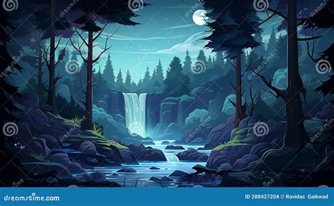 Waterfall in the Forest at Night with Moon in the Sky Illustration AI Generated Stock ...