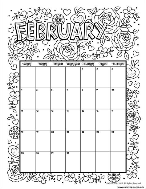 February Coloring Calendar Coloring page Printable