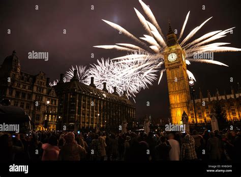 New Year's Eve Fireworks over Big Ben at Midnight, Crowds Present Stock ...