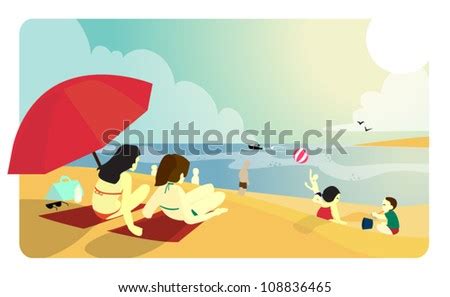 Sunny Day At The Beach With People Stock Vector Illustration 108836465 ...