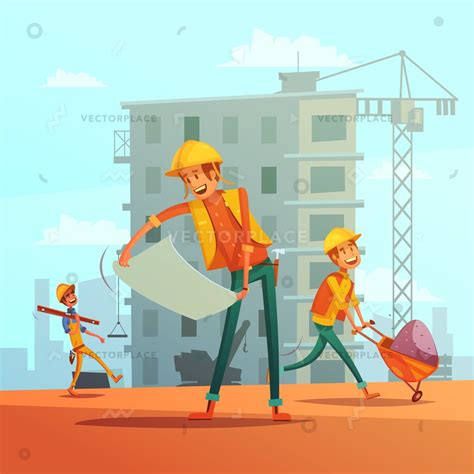 Building and construction industry cartoon background with workers tools and equipment vector ...