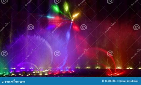 Colorful Water Fountains. Laser and Fountains Show. Stock Photo - Image of color, magic: 164204964