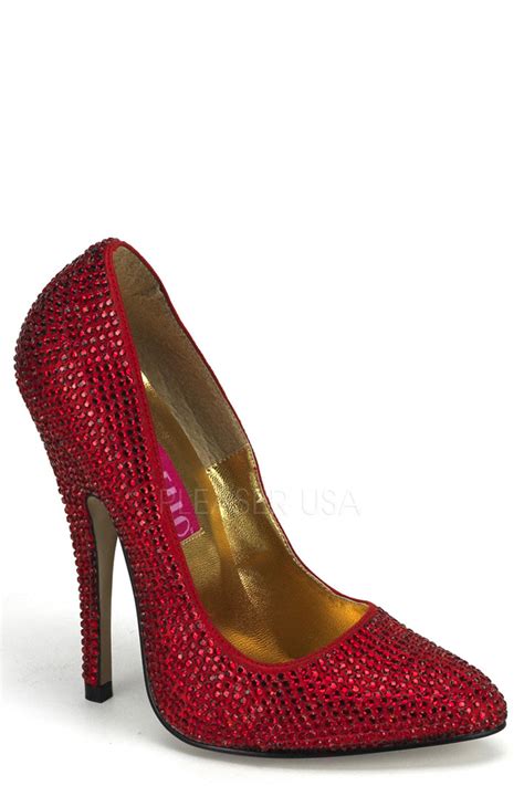 Red Rhinestone Single Sole Pump High Heels Faux Suede - Women of Edm