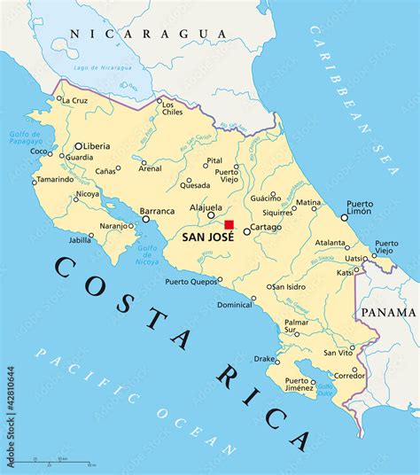 Costa Rica political map with capital San José, national borders, most ...