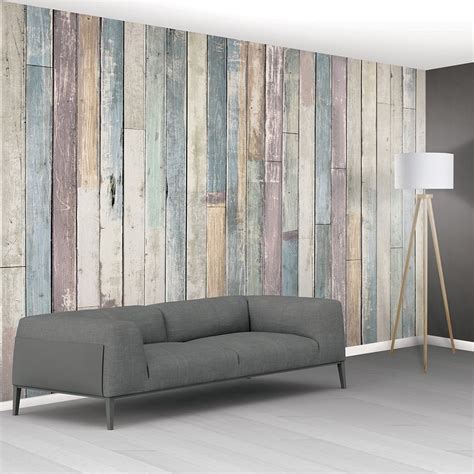 1Wall Shabby Chic Pastel Coloured Rustic Wood Planks Mural Wallpaper | 366cm x 253cm