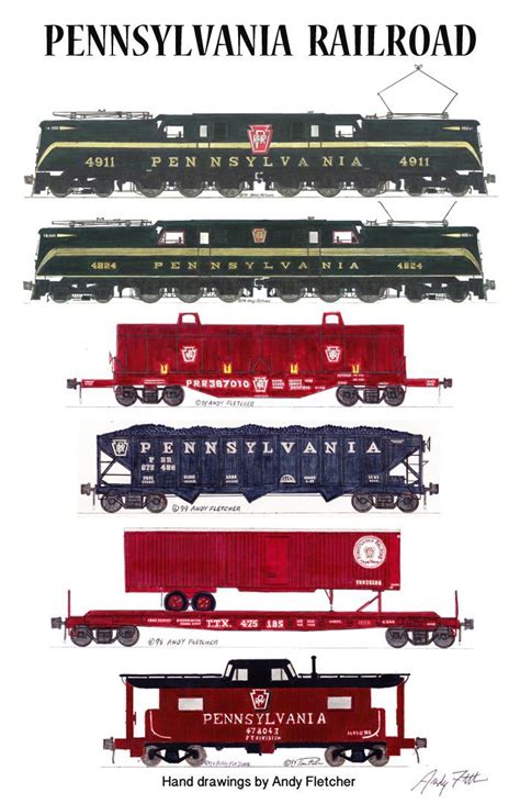 A Pennsylvania Railroad freight train pulled by two GG1's. Hand drawings by Andy Fletcher ...