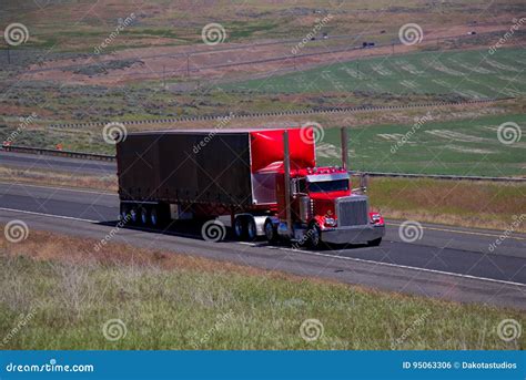 Red Classic Semi-Truck / Black Trailer Stock Photo - Image of travel ...