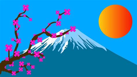 Stylized Drawing of Mount Fuji with a Cherry Blossom Tree Stock ...