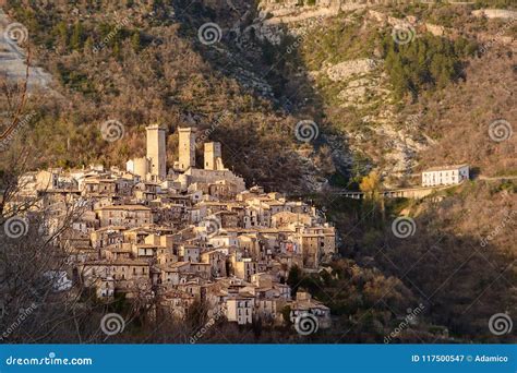 The Town of Pacentro and Its Castle at Sunset Stock Image - Image of pacentro, castle: 117500547