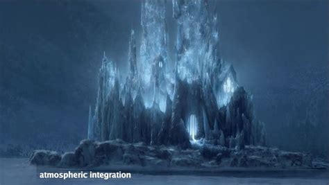 an ice castle in the middle of a frozen lake with lights shining on it ...