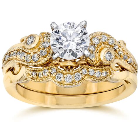 Emery 3/4Ct Vintage Diamond Engagement Wedding Ring Set 14K Yellow Gold